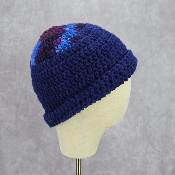 Blue Purple Crochet Knit Bucket Cap Hat Fun Vintage Y2K Funky Beanie - Picture 1 of 5